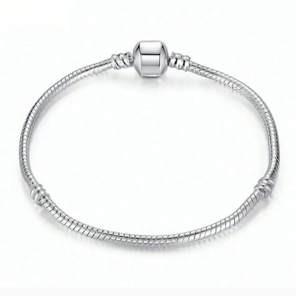 Sterling Silver S925 Snap Clasp Snake Chain European Charm Bracelet about 8" - Picture 2 of 8